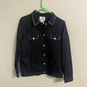 Quacker Factory Black Denim Jacket Size Small Rhinestones Angel Wings Star